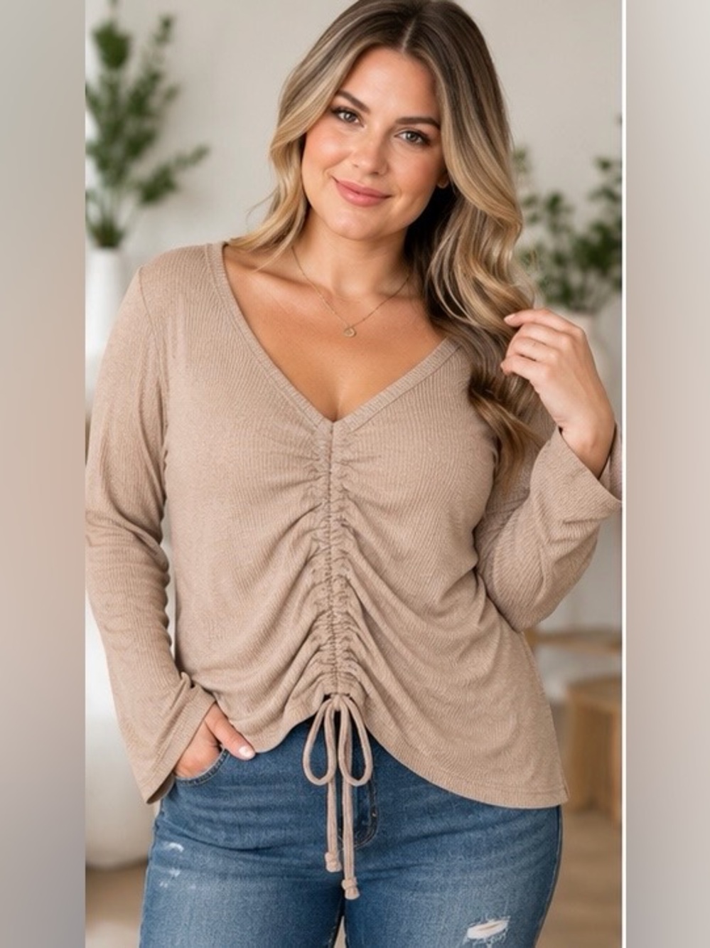 Andrée by Unit 2X Taupe Ribbed Ruched Drawstring V Neck Long Sleeve Top NWOT